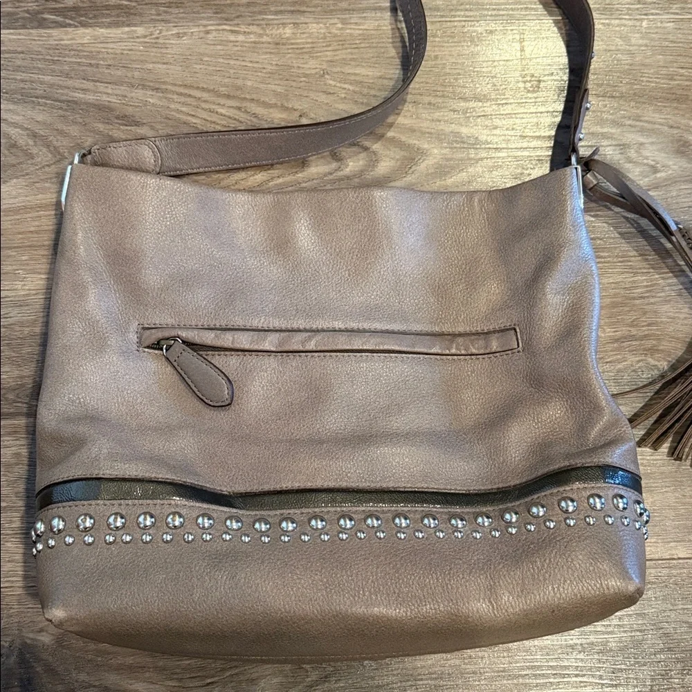 Brighton Taupe Leather Hobo Studded Shoulder Bag